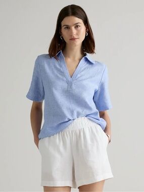 Quince Blue Linen Split-Neck Short Sleeve Top